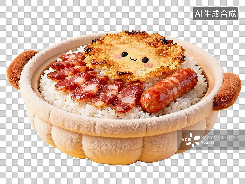 【AI数字艺术】煲仔饭配蓬松香肠和米饭带焦脆锅巴3D可爱膨胀风格透明美食食物插画元素二十四节气立冬菜单设计图片素材