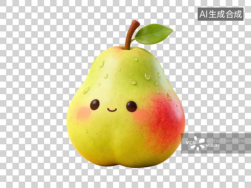 【AI数字艺术】膨胀秋梨带露珠圆润多汁黄绿色表皮红晕干净3D轻拟物膨胀风格透明美食食物插画元素二十四节气立冬秋季图片素材