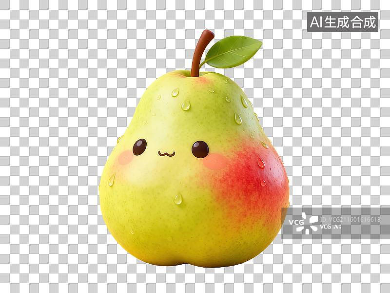 【AI数字艺术】膨胀秋梨带露珠圆润多汁黄绿色表皮红晕干净3D轻拟物膨胀风格透明美食食物插画元素二十四节气立冬秋季图片素材