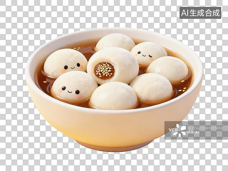【AI数字艺术】一碗姜汁汤圆碗装软糯团子芝麻流心3D轻拟物风格透明美食食物插画元素二十四节气立冬菜单商业用途图片素材