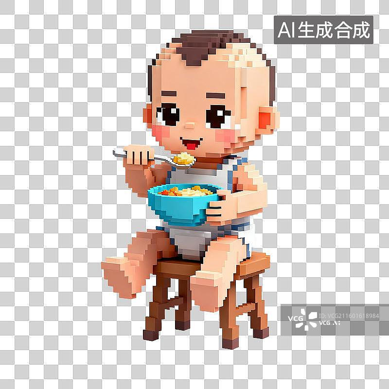 【AI数字艺术】像素艺术坐在凳子上吃饭的婴儿图片素材