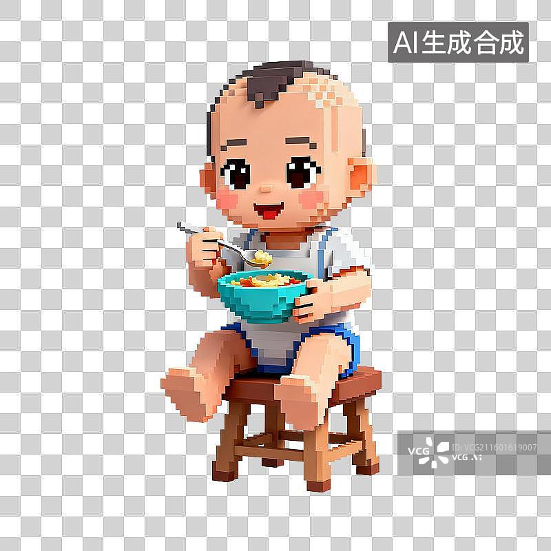 【AI数字艺术】像素艺术坐在凳子上吃饭的婴儿图片素材