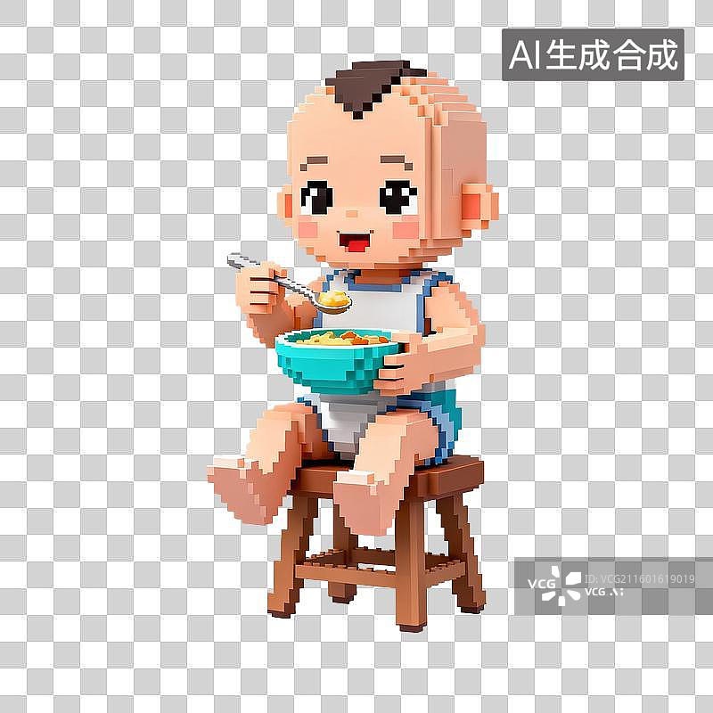 【AI数字艺术】像素艺术坐在凳子上吃饭的婴儿图片素材