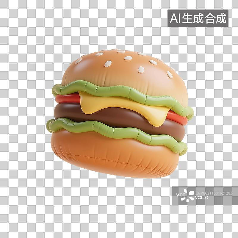 【AI数字艺术】3D渲染，充气膨胀风格，一个汉堡，芝士汉堡，汉堡包，卡通快餐美食免抠元素图片素材