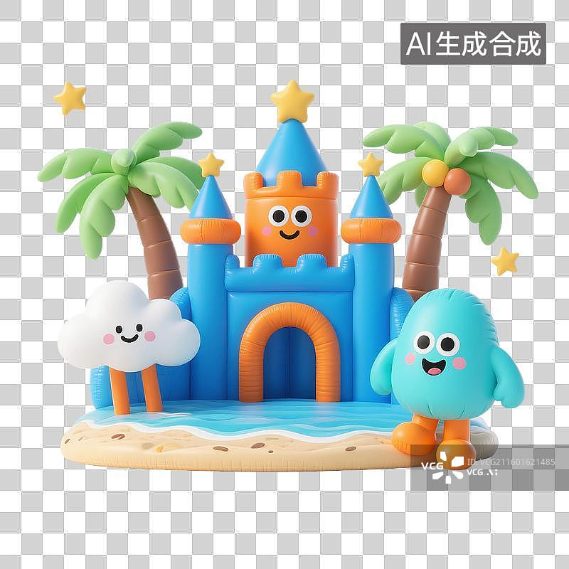 【AI数字艺术】3D渲染，膨胀充气风格，气球，充气玩具，海滩上的充气城堡，免抠元素图片素材