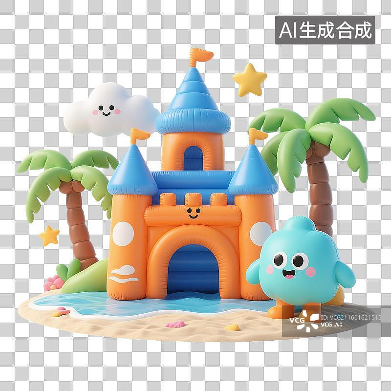 【AI数字艺术】3D渲染，膨胀充气风格，气球，充气玩具，海滩上的充气城堡，免抠元素图片素材