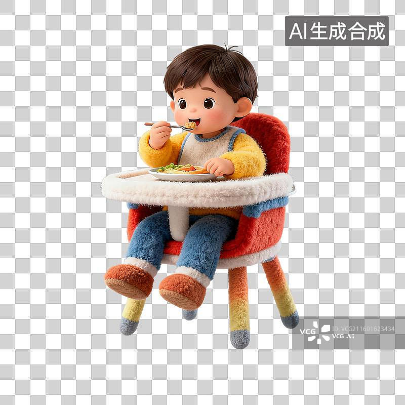 【AI数字艺术】可爱小孩坐彩色餐椅进食图片素材