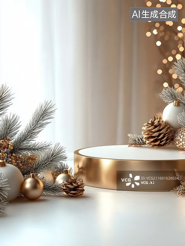 【AI数字艺术】3D渲染金色圣诞节主题电商产品展台背景图片素材