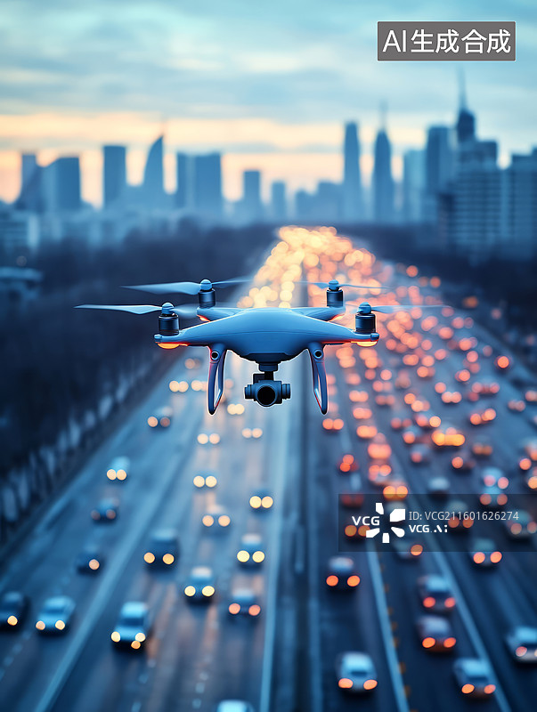 【AI数字艺术】现代城市繁忙交通车流与空中飞行的无人机图片素材