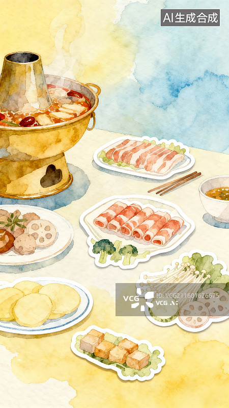 【AI数字艺术】火锅插画,美食插画,丰富食材,肥牛卷,蔬菜,丸子,鸡蛋,热气蒸腾,手绘风格,暖色调,日式料理场景图片素材