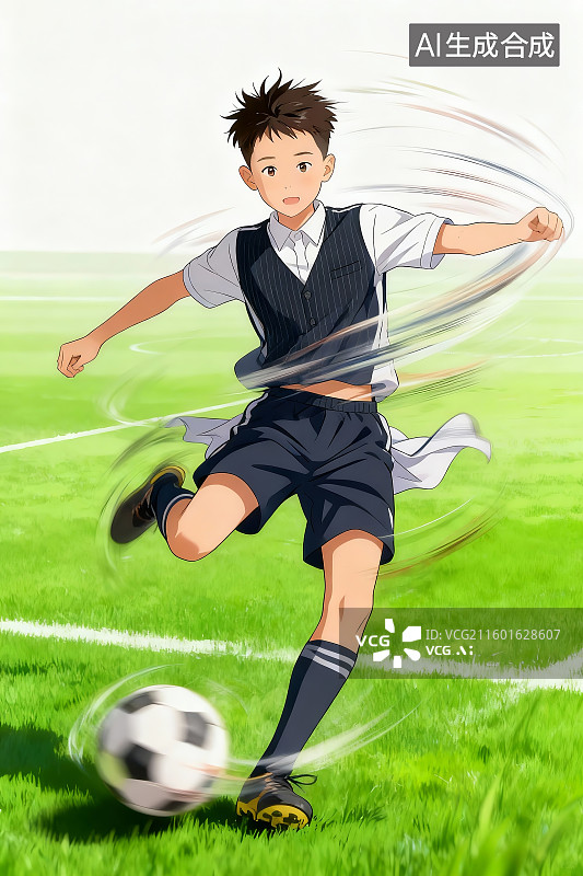 【AI数字艺术】动漫风格男孩,足球运动,日式校服（藏青背心+短裤）,经典黑白足球,绿色足球场,动态踢球动作,日式插画图片素材