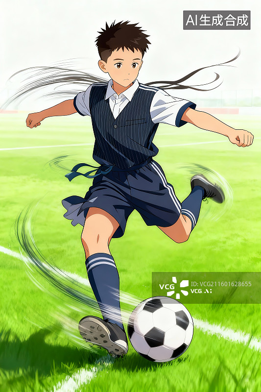 【AI数字艺术】动漫风格男孩,足球运动,日式校服（藏青背心+短裤）,经典黑白足球,绿色足球场,动态踢球动作,日式插画图片素材