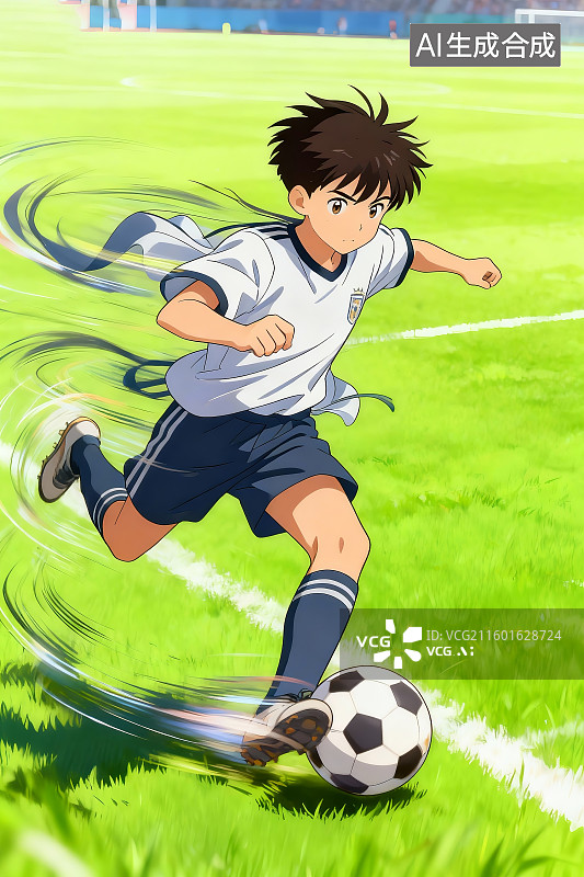 【AI数字艺术】动漫风格男孩,足球运动,日式校服（藏青背心+短裤）,经典黑白足球,绿色足球场,动态踢球动作,日式插画图片素材