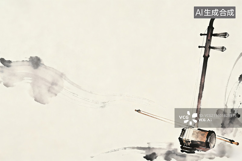 【AI数字艺术】中式传统水墨风格，一把古代乐器，二胡图片素材