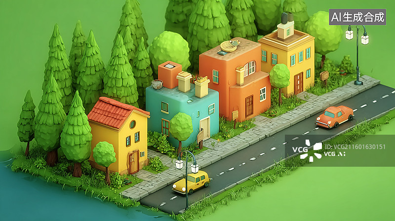 【AI数字艺术】卡通风格绿色小镇图片素材