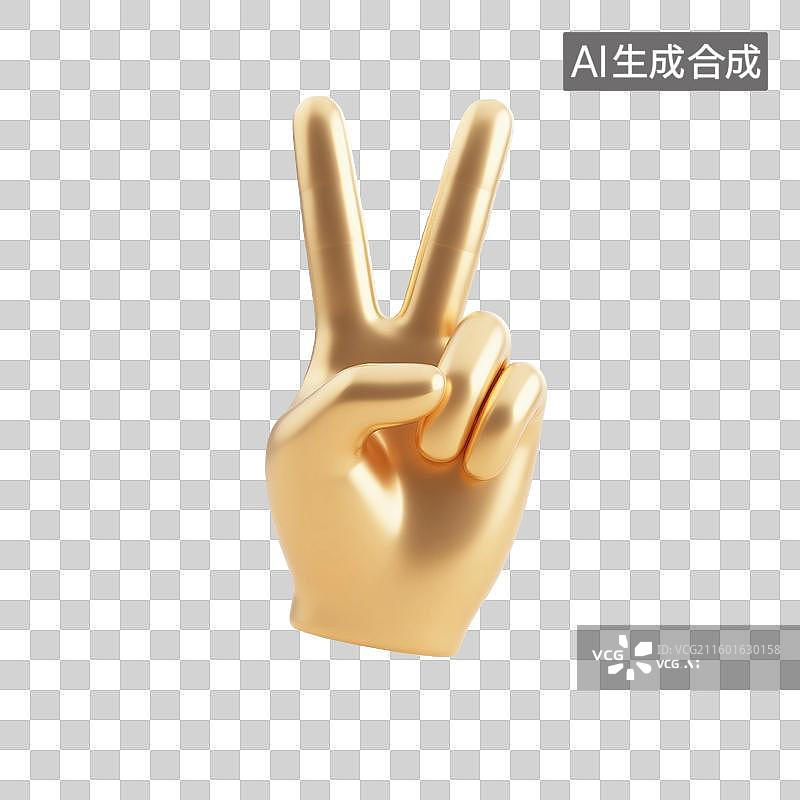 【AI数字艺术】3D渲染，金属质感，金色，胜利手势，比耶手势，手，图形图标，免抠元素图片素材