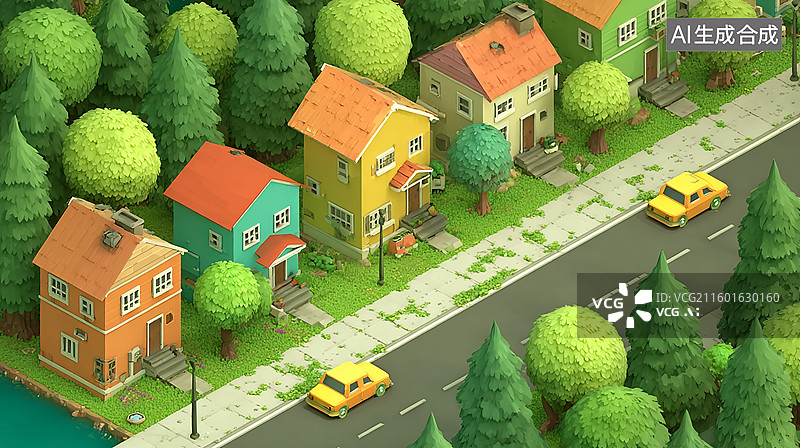 【AI数字艺术】卡通风格绿色小镇图片素材