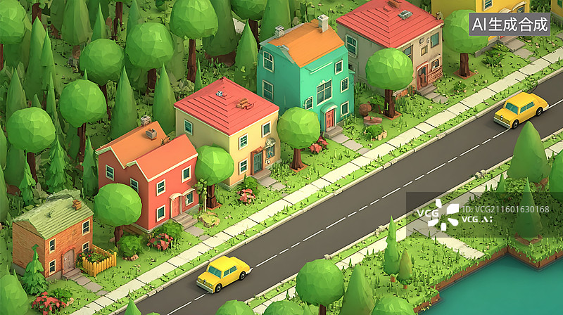 【AI数字艺术】卡通风格绿色小镇图片素材