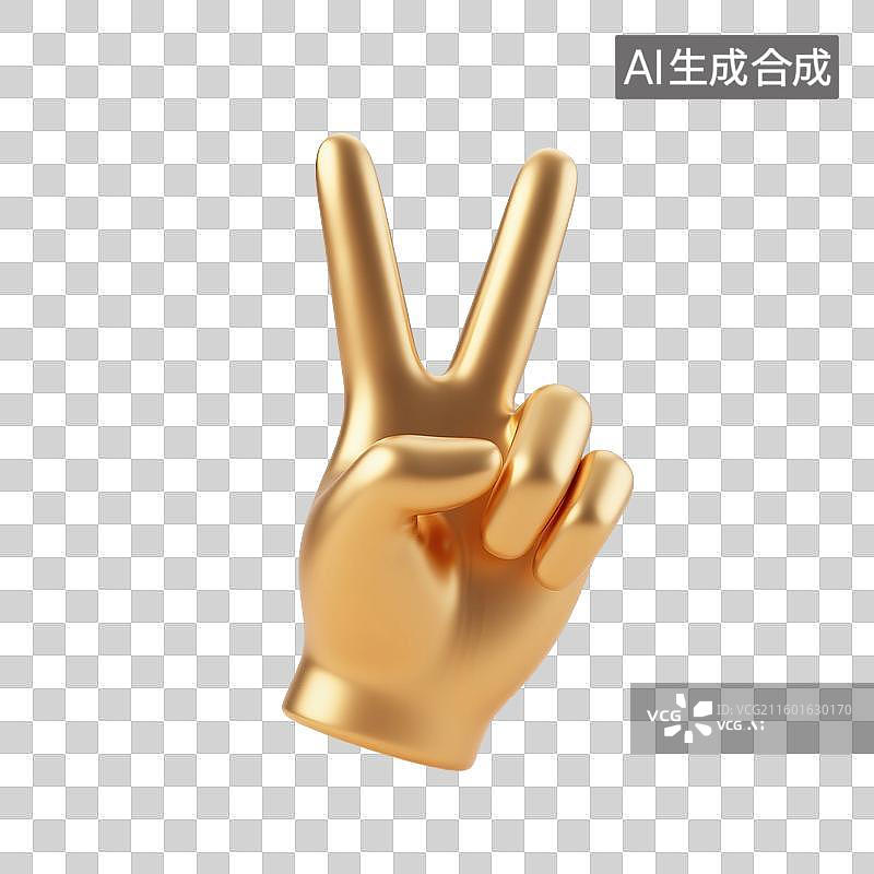 【AI数字艺术】3D渲染，金属质感，金色，胜利手势，比耶手势，手，图形图标，免抠元素图片素材