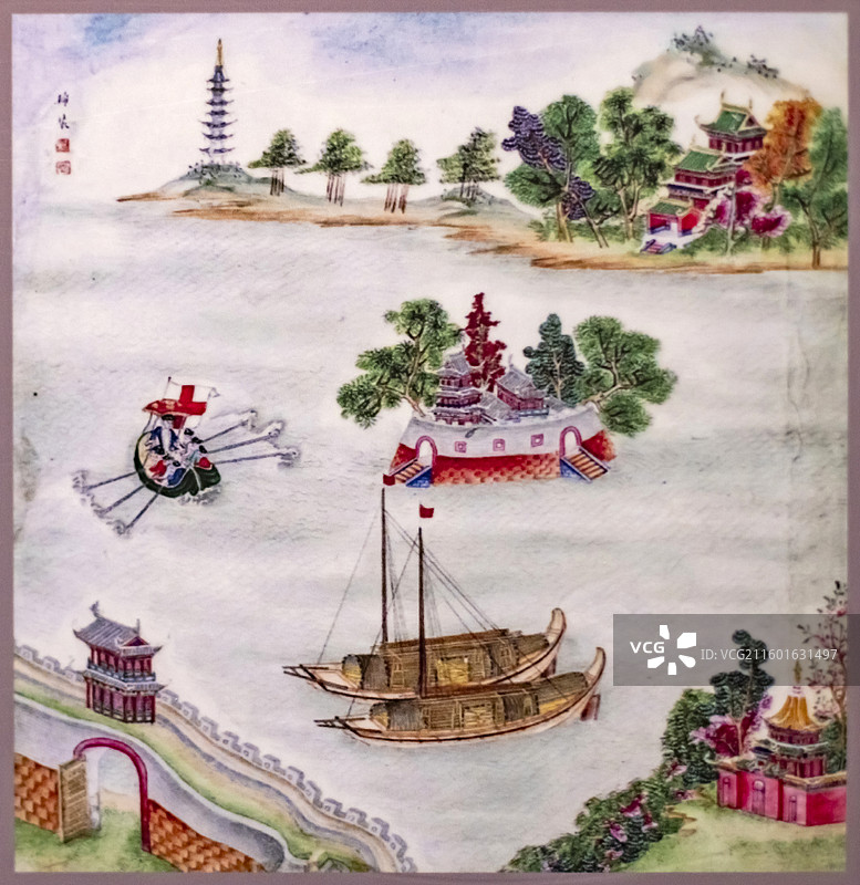 瓷器制运图 十八世纪清代景德镇制瓷工序三十归装 满装桶瓷器货船 准备缴付关税 天津博物馆图片素材