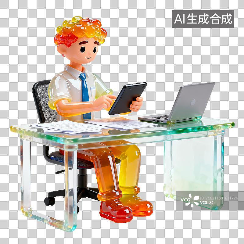 【AI数字艺术】卡通人物在透明办公桌前使用平板电脑和笔记本电脑图片素材