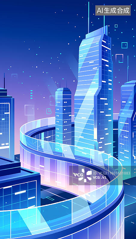 【AI数字艺术】未来城市夜景与摩天大楼的数字艺术作品。图片素材
