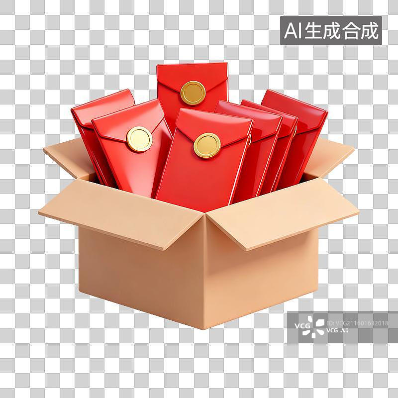 【AI数字艺术】3D渲染卡，快递，纸箱里装着许多红包，红包，购物节促销，优惠券，新年春节，免抠元素图片素材