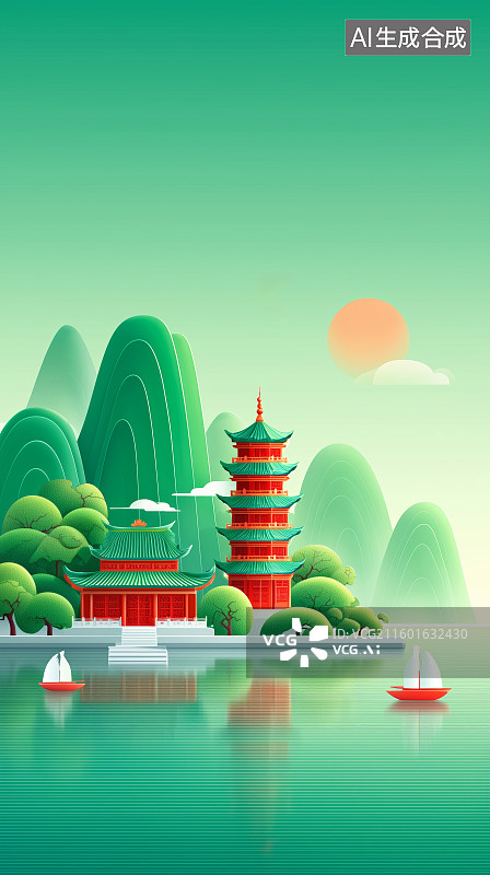 【AI数字艺术】中式古建筑山水风景图片素材