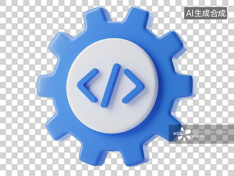 【AI数字艺术】3D渲染免抠图形元素蓝色齿轮和中间代码图片素材