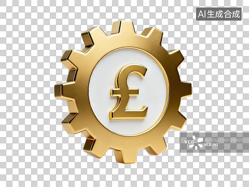 【AI数字艺术】3D渲染免抠图形元素金属金色齿轮和中间的货币英镑£符号图片素材