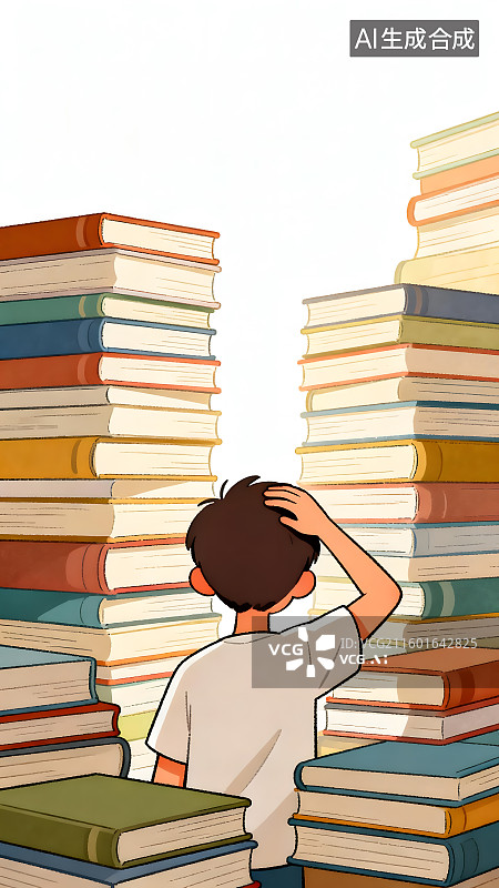 【AI数字艺术】男孩置身书堆中的求知场景图片素材