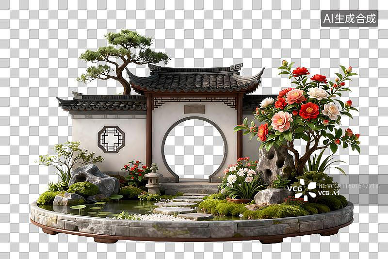 【AI数字艺术】中式园林景观含月洞门图片素材
