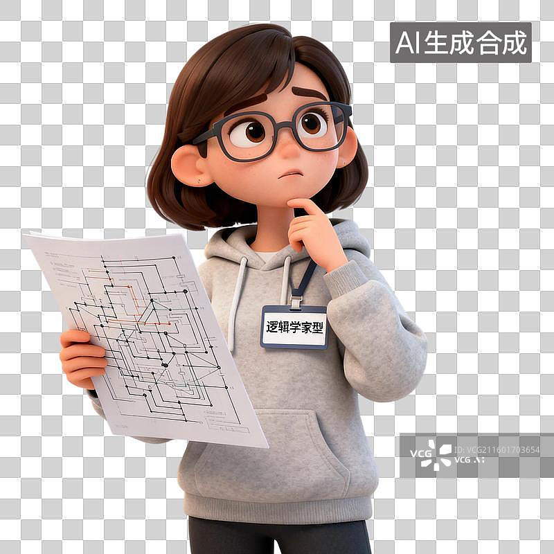 【AI数字艺术】戴眼镜思考的女性拿着地图图片素材