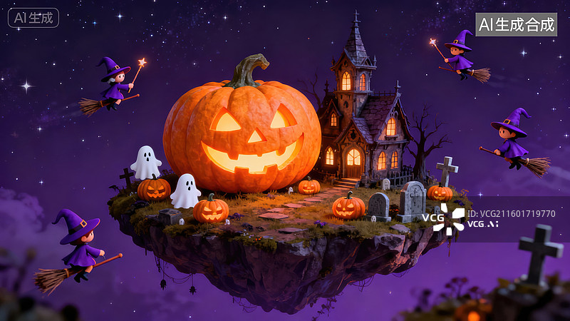 【AI数字艺术】诡异的万圣节悬浮岛场景图片素材