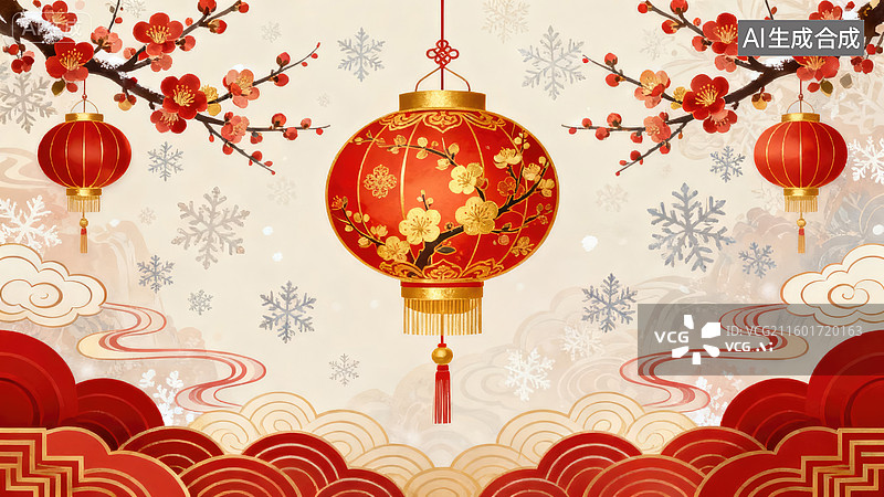 【AI数字艺术】春节喜庆红色灯笼梅花背景图片素材