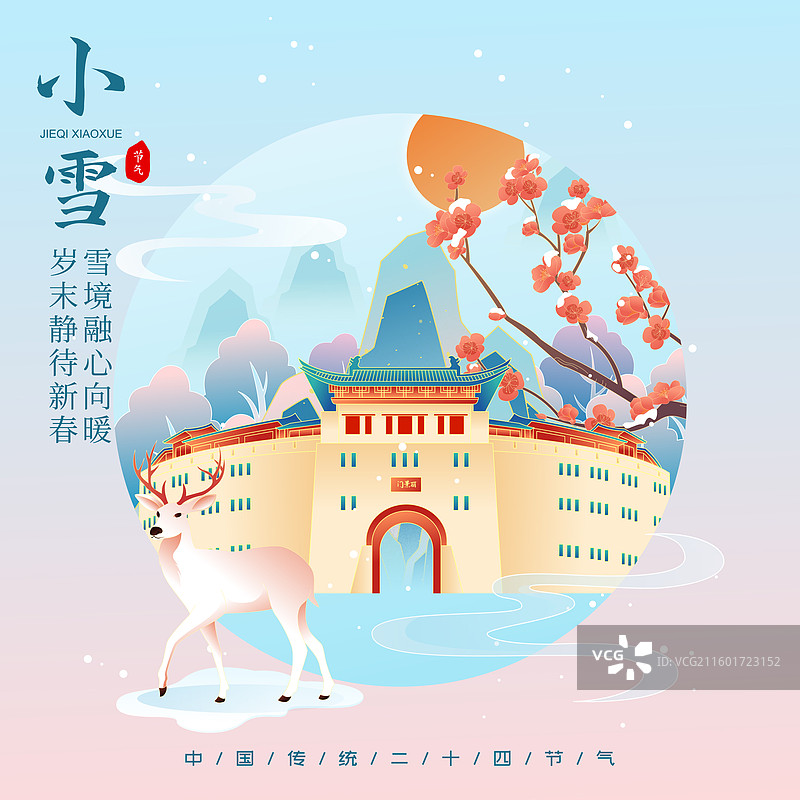国风节气小雪洛阳城市建筑矢量插画海报图片素材