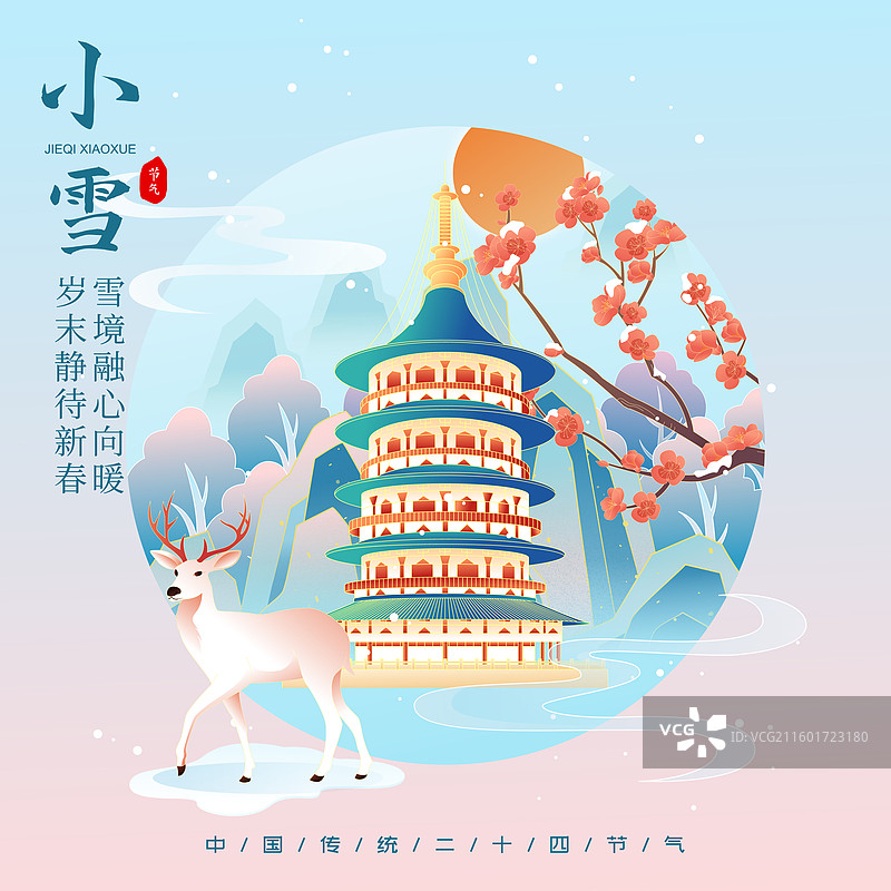 国风节气小雪洛阳城市建筑矢量插画海报图片素材
