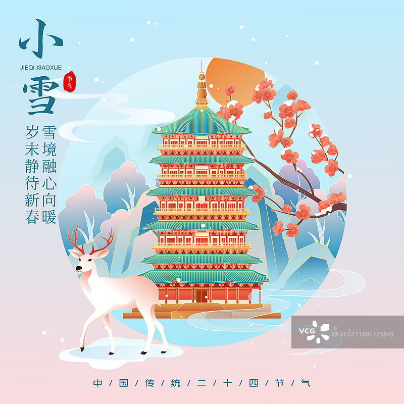 国风节气小雪山西城市建筑矢量插画海报图片素材