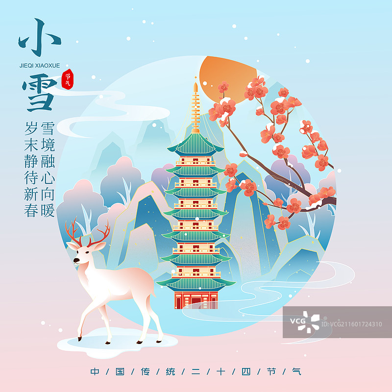 国风节气小雪温州城市建筑矢量插画海报图片素材