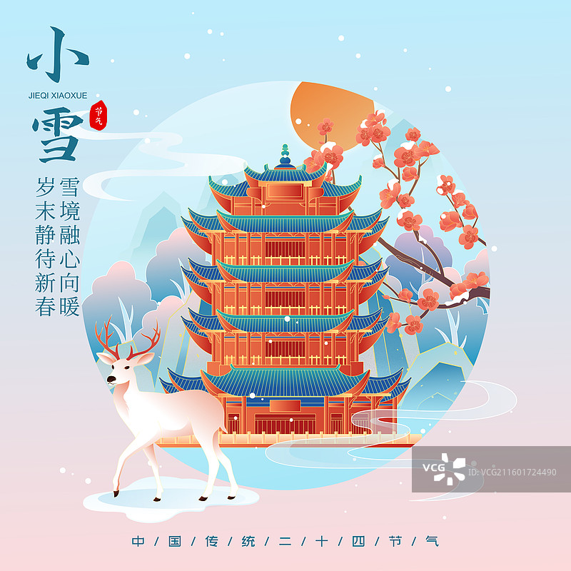 国风节气小雪武汉城市建筑矢量插画海报图片素材