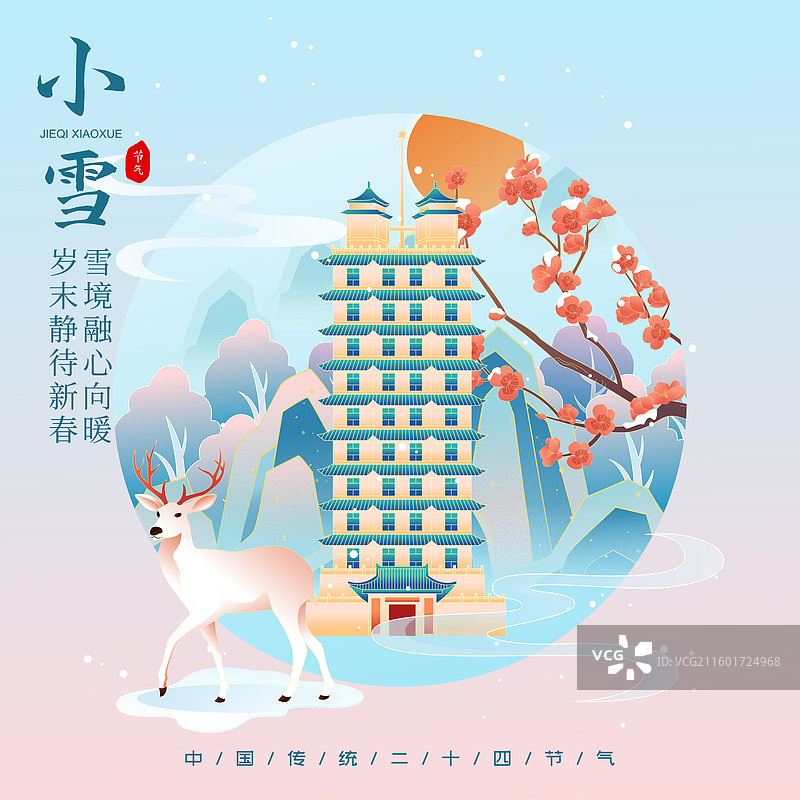 国风节气小雪郑州城市建筑矢量插画海报图片素材