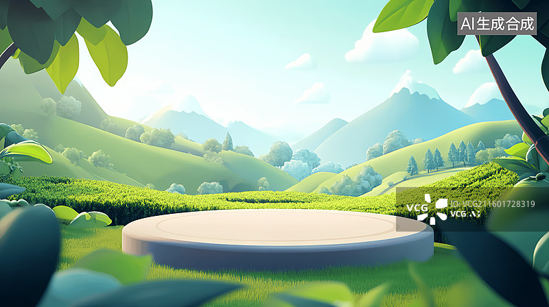 【AI数字艺术】春天茶叶电商产品展台生态高山场景绿色背景图片素材