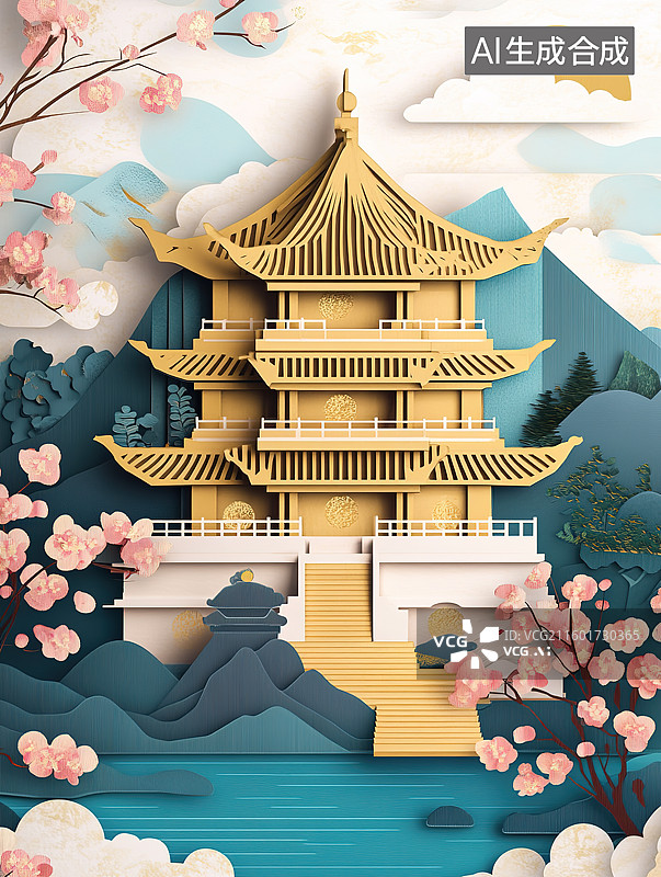 【AI数字艺术】国风剪纸风格中国古代山水建筑风景画图片素材