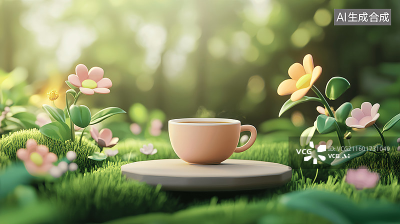 【AI数字艺术】春天午后阳光花园下午茶卡通微缩场景图片素材