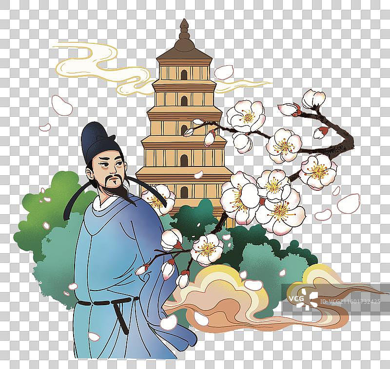彩色插画写实风格唐朝诗人古诗名人古代杏花春天春季大雁塔古塔陕西长安历史故事文化传统图片素材