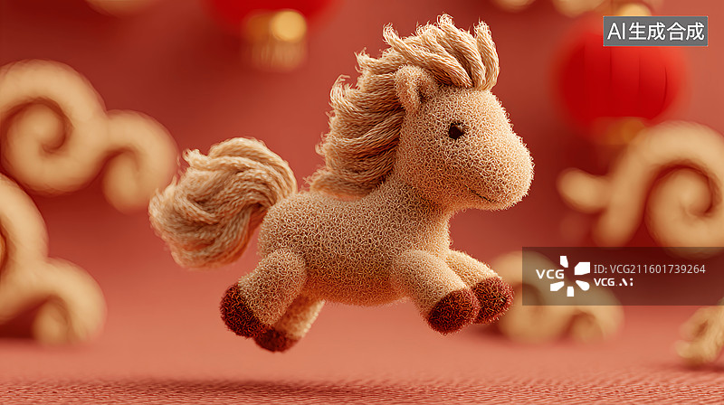 【AI数字艺术】2026年新春马年大吉可爱毛毡质感小马奔腾国潮吉祥物图片素材
