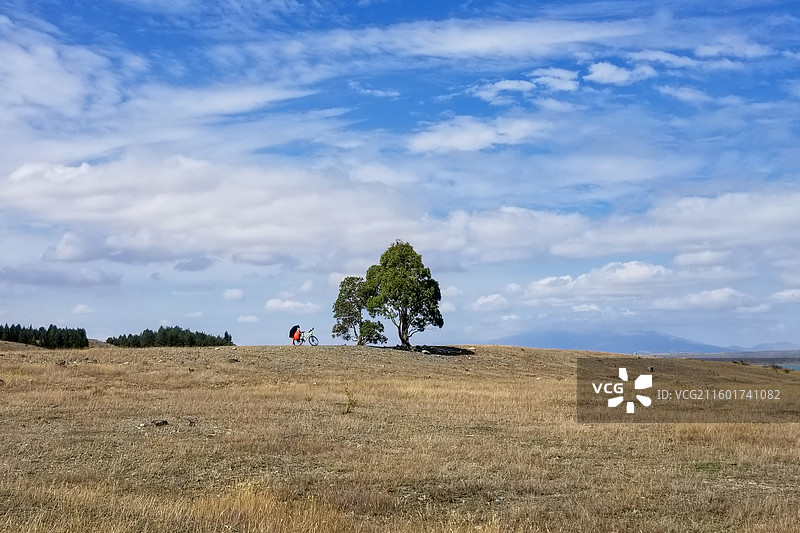 在新西兰南岛独自骑行，骑自行车游新西兰南岛图片素材