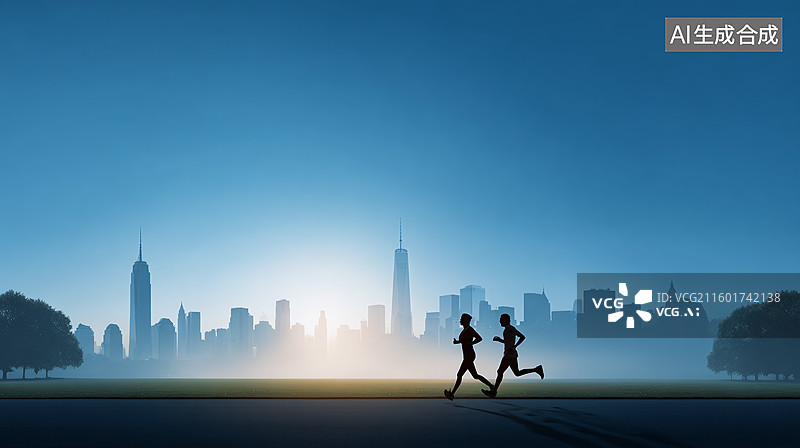 【AI数字艺术】在城市天际线奔跑的人们剪影图片素材