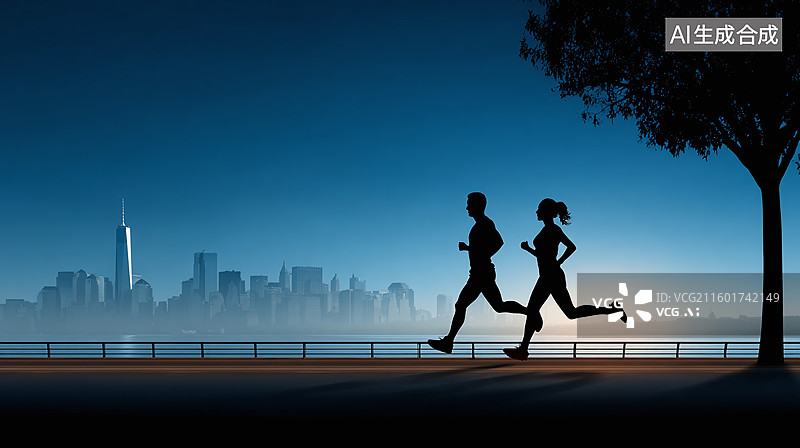 【AI数字艺术】在城市天际线奔跑的人们剪影图片素材
