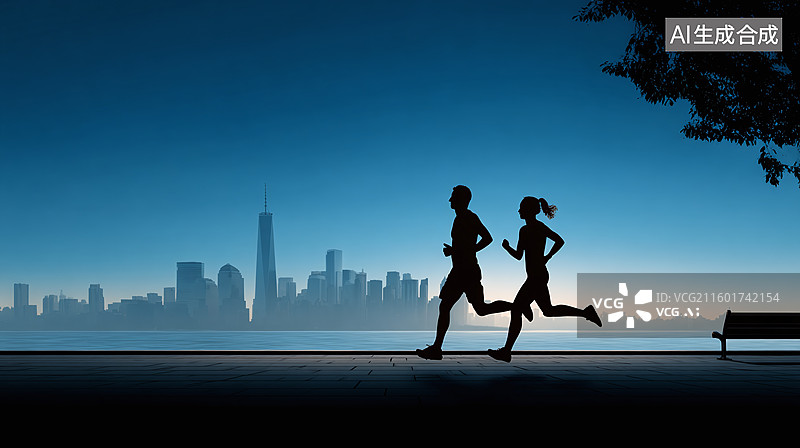 【AI数字艺术】在城市天际线奔跑的人们剪影图片素材